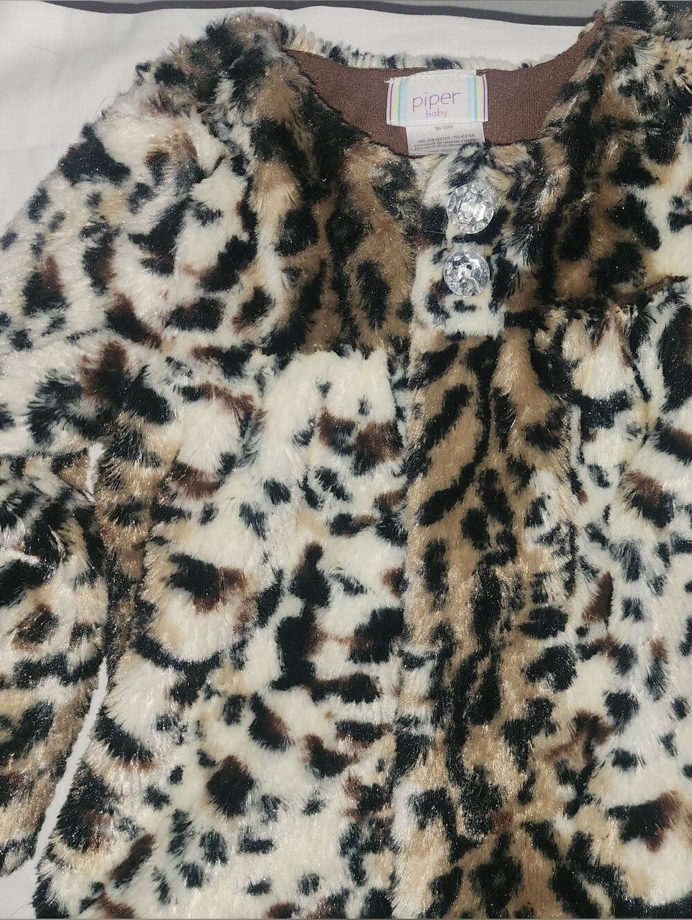 Piper Faux Fur Leopard Print Coat With Gemstone Buttons - 3T